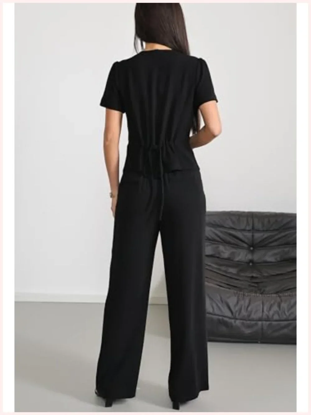 Women's Linen 2 Piece Outfit V Neck Short Sleeve Button Down Top Wide Leg Pant